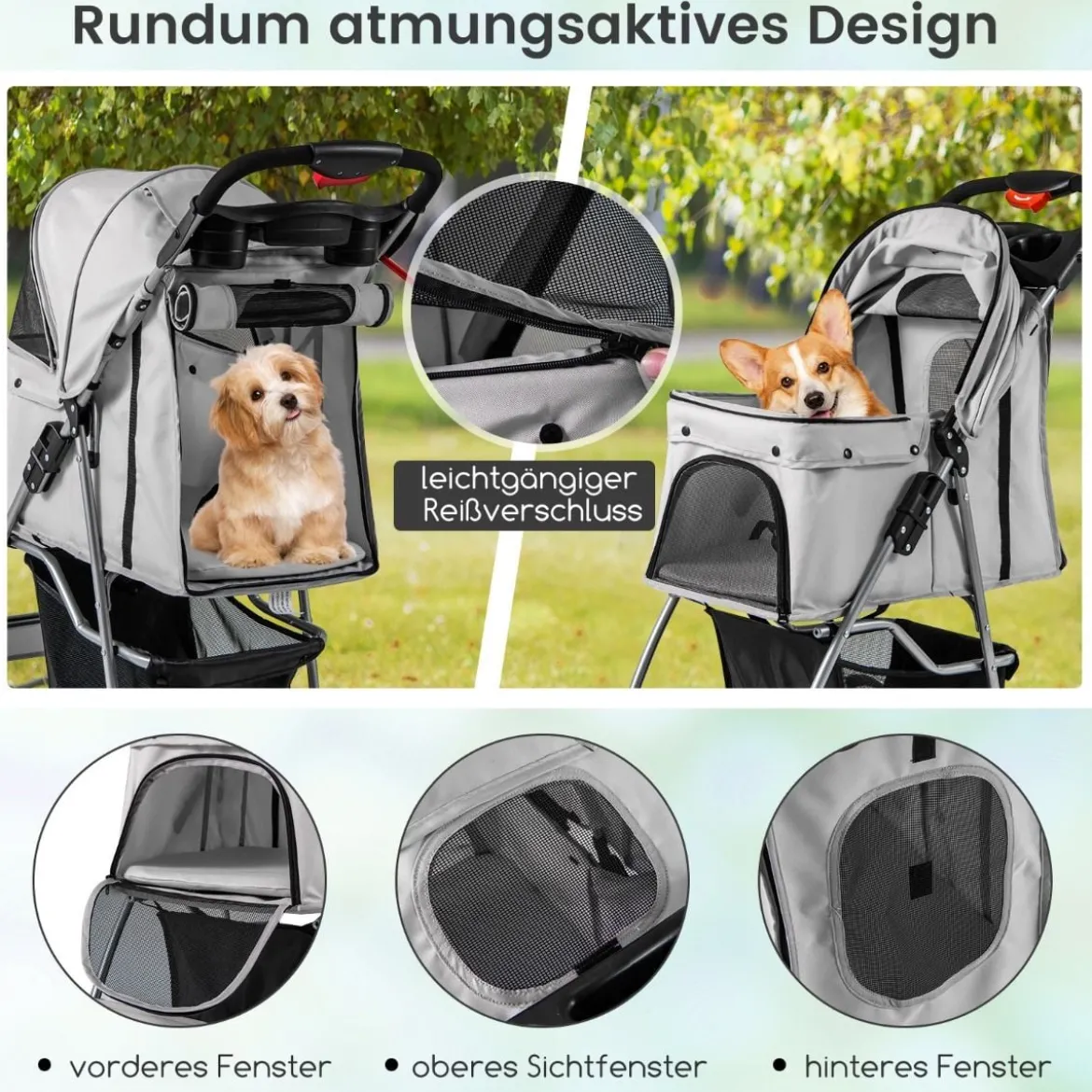 Hundewagen mit Netzfenstern & Getränkehalter & Anhänger Haustiere Buggy bis 15kg