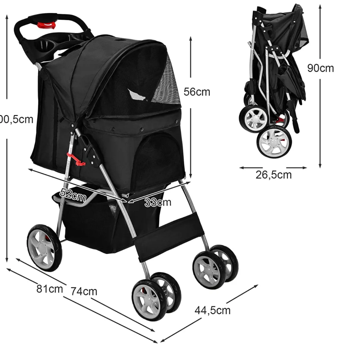 Hundewagen mit Netzfenstern & Getränkehalter & Anhänger Haustiere Buggy bis 15kg