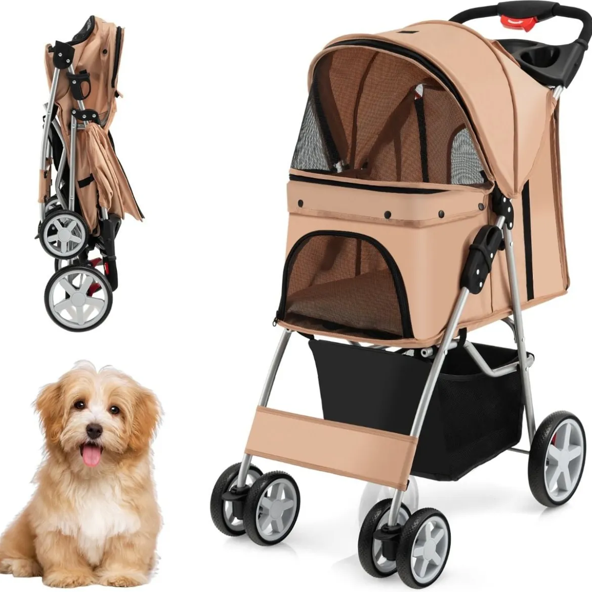 Hundewagen mit Netzfenstern & Getränkehalter & Anhänger Haustiere Buggy bis 15kg