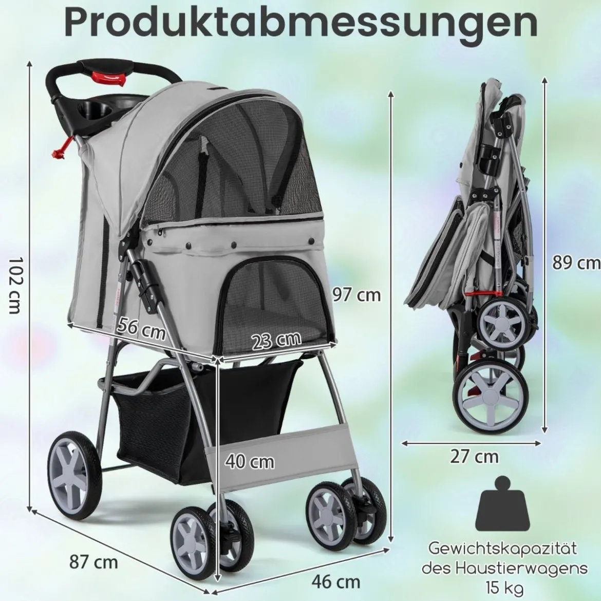 Hundewagen mit Netzfenstern & Getränkehalter & Anhänger Haustiere Buggy bis 15kg