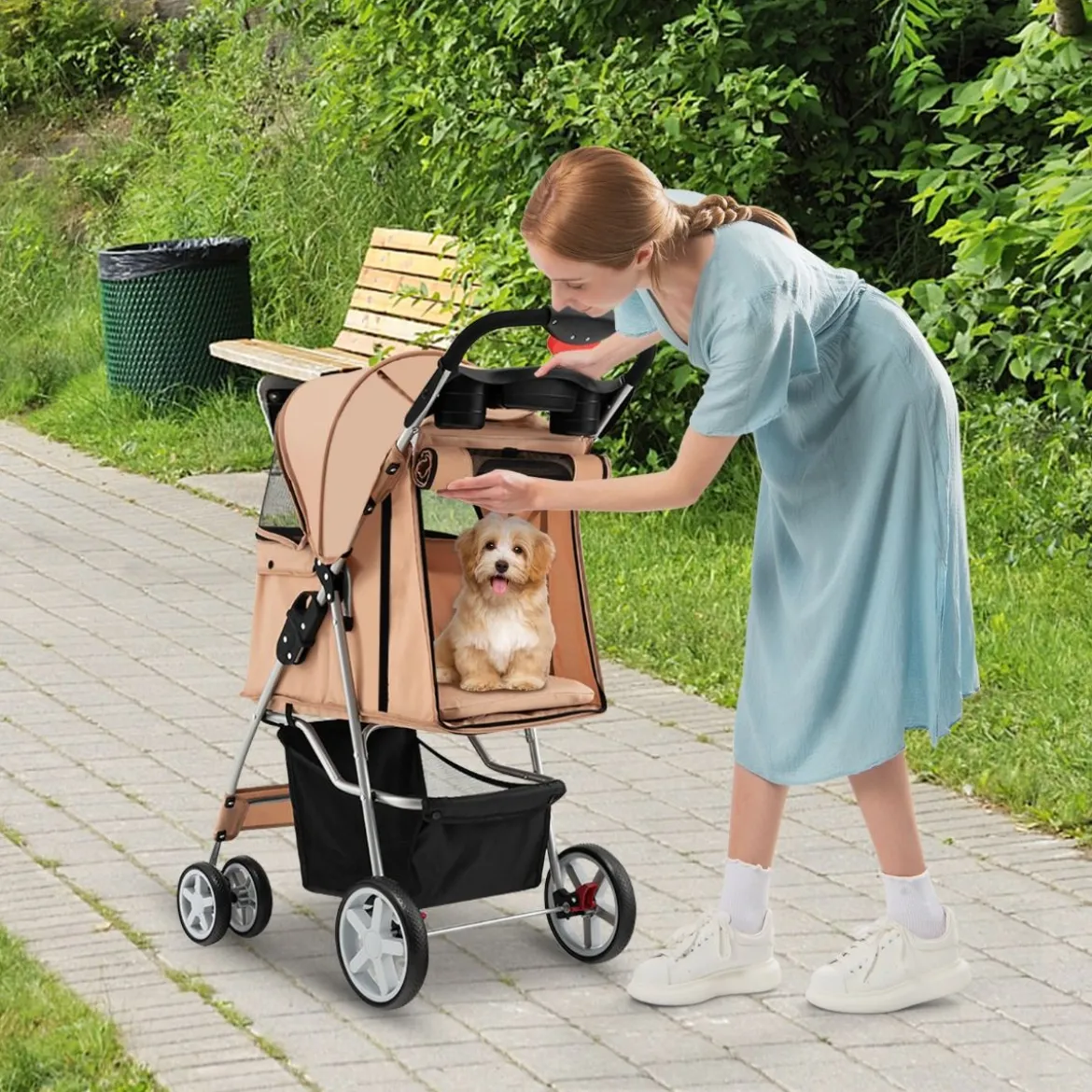 Hundewagen mit Netzfenstern & Getränkehalter & Anhänger Haustiere Buggy bis 15kg