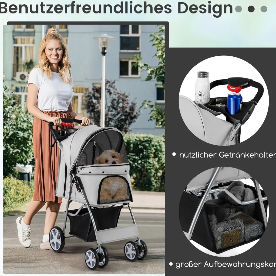 Hundewagen mit Netzfenstern & Getränkehalter & Anhänger Haustiere Buggy bis 15kg