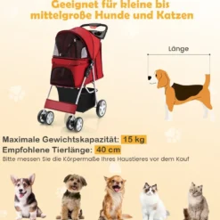 Hundewagen mit Netzfenstern & Getränkehalter & Anhänger Haustiere Buggy bis 15kg