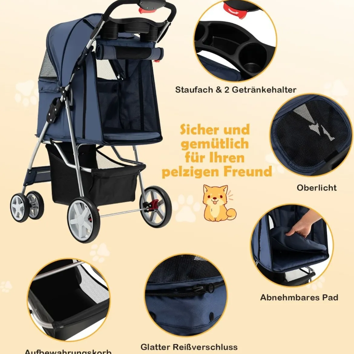 Hundewagen mit Netzfenstern & Getränkehalter & Anhänger Haustiere Buggy bis 15kg