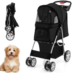 Hundewagen mit Netzfenstern & Getränkehalter & Anhänger Haustiere Buggy bis 15kg