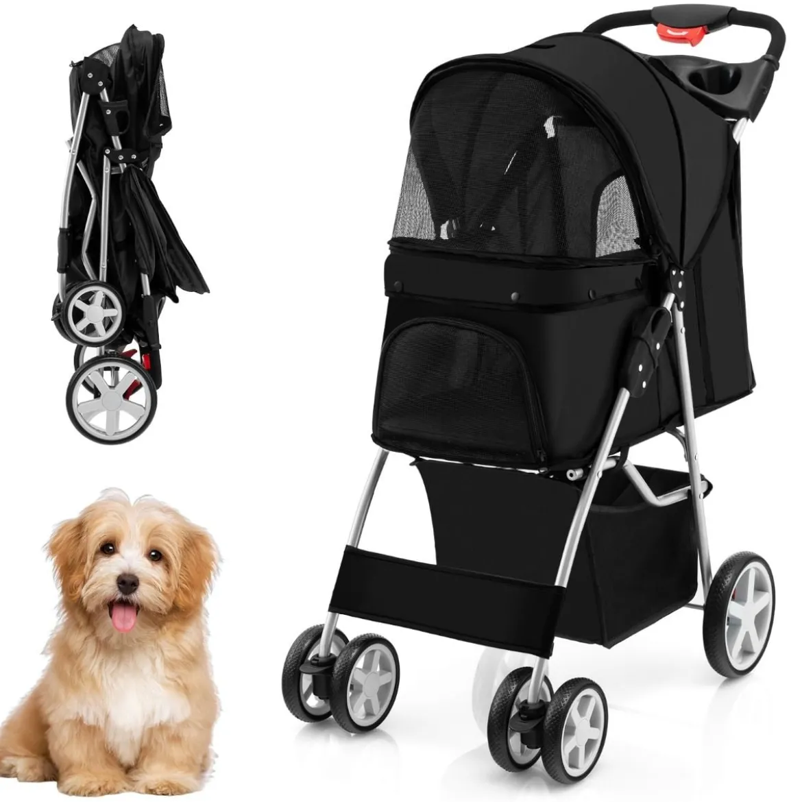 Hundewagen mit Netzfenstern & Getränkehalter & Anhänger Haustiere Buggy bis 15kg