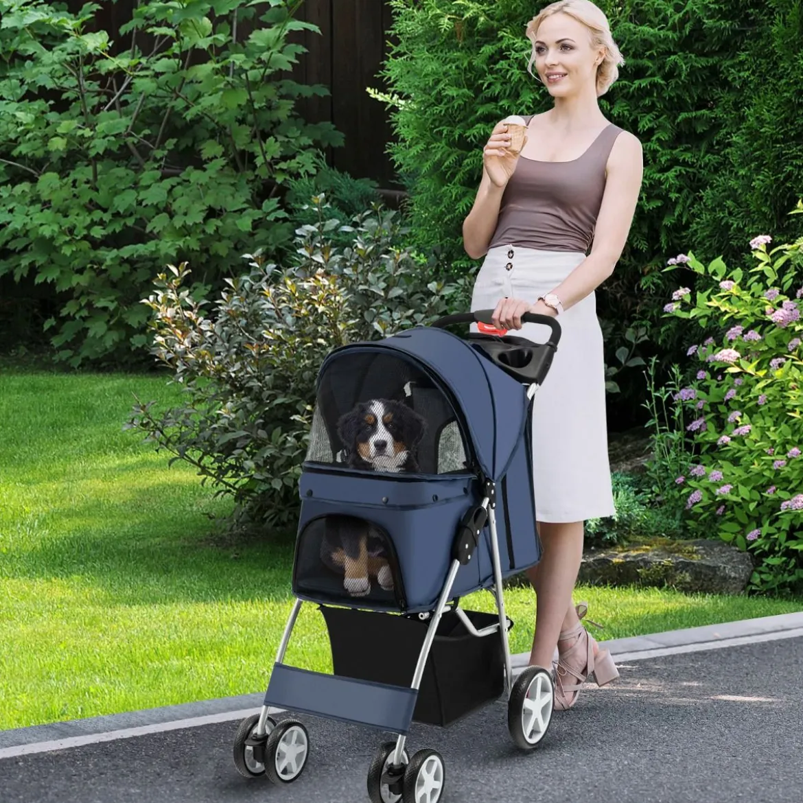 Hundewagen mit Netzfenstern & Getränkehalter & Anhänger Haustiere Buggy bis 15kg