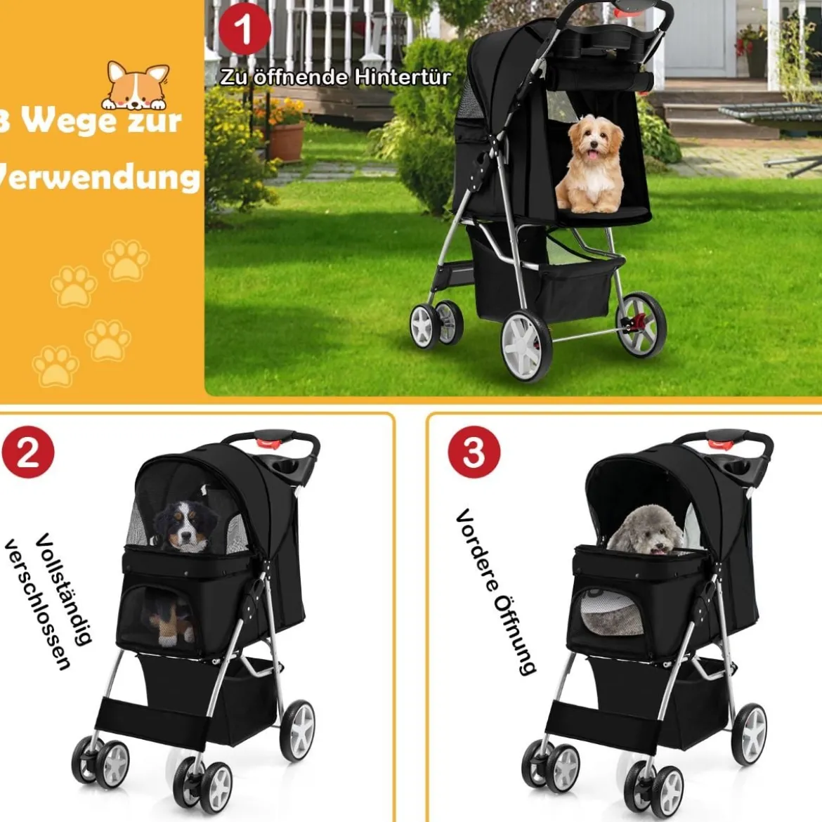 Hundewagen mit Netzfenstern & Getränkehalter & Anhänger Haustiere Buggy bis 15kg