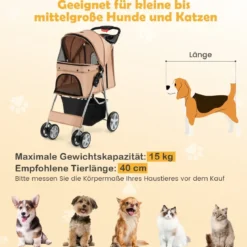 Hundewagen mit Netzfenstern & Getränkehalter & Anhänger Haustiere Buggy bis 15kg
