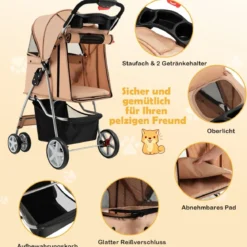 Hundewagen mit Netzfenstern & Getränkehalter & Anhänger Haustiere Buggy bis 15kg