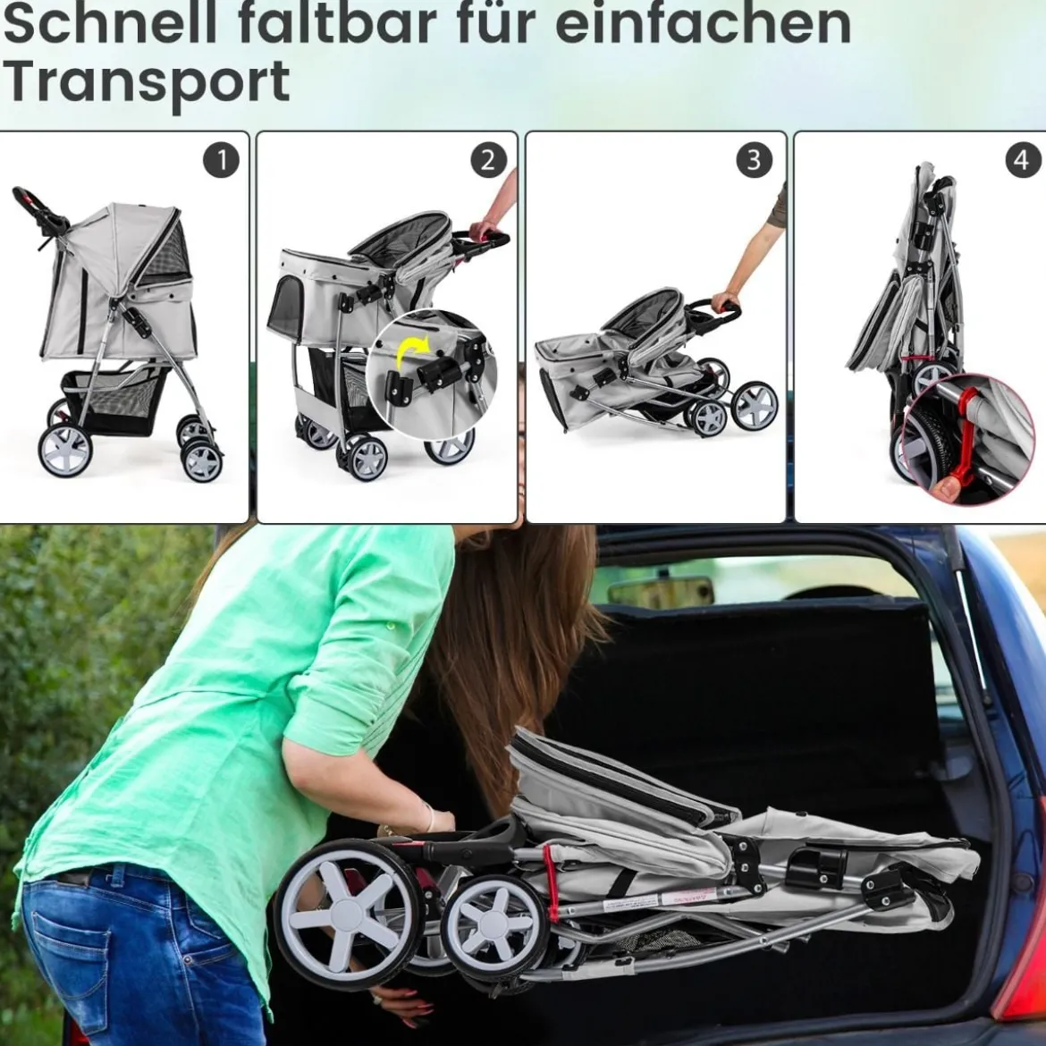 Hundewagen mit Netzfenstern & Getränkehalter & Anhänger Haustiere Buggy bis 15kg