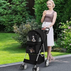 Hundewagen mit Netzfenstern & Getränkehalter & Anhänger Haustiere Buggy bis 15kg