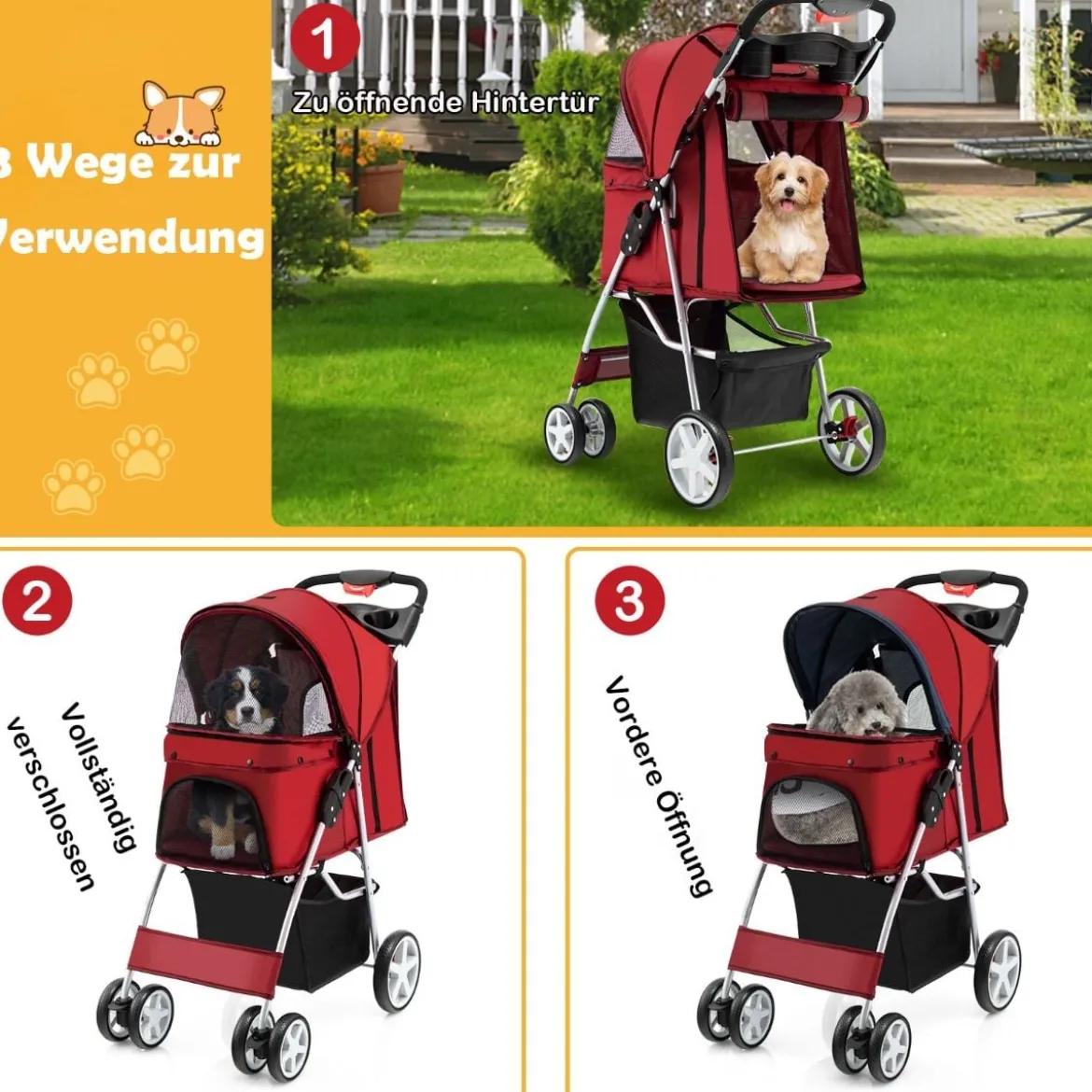 Hundewagen mit Netzfenstern & Getränkehalter & Anhänger Haustiere Buggy bis 15kg