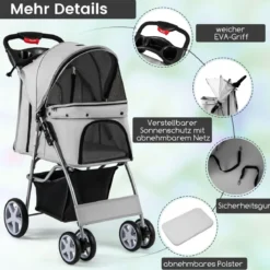 Hundewagen mit Netzfenstern & Getränkehalter & Anhänger Haustiere Buggy bis 15kg