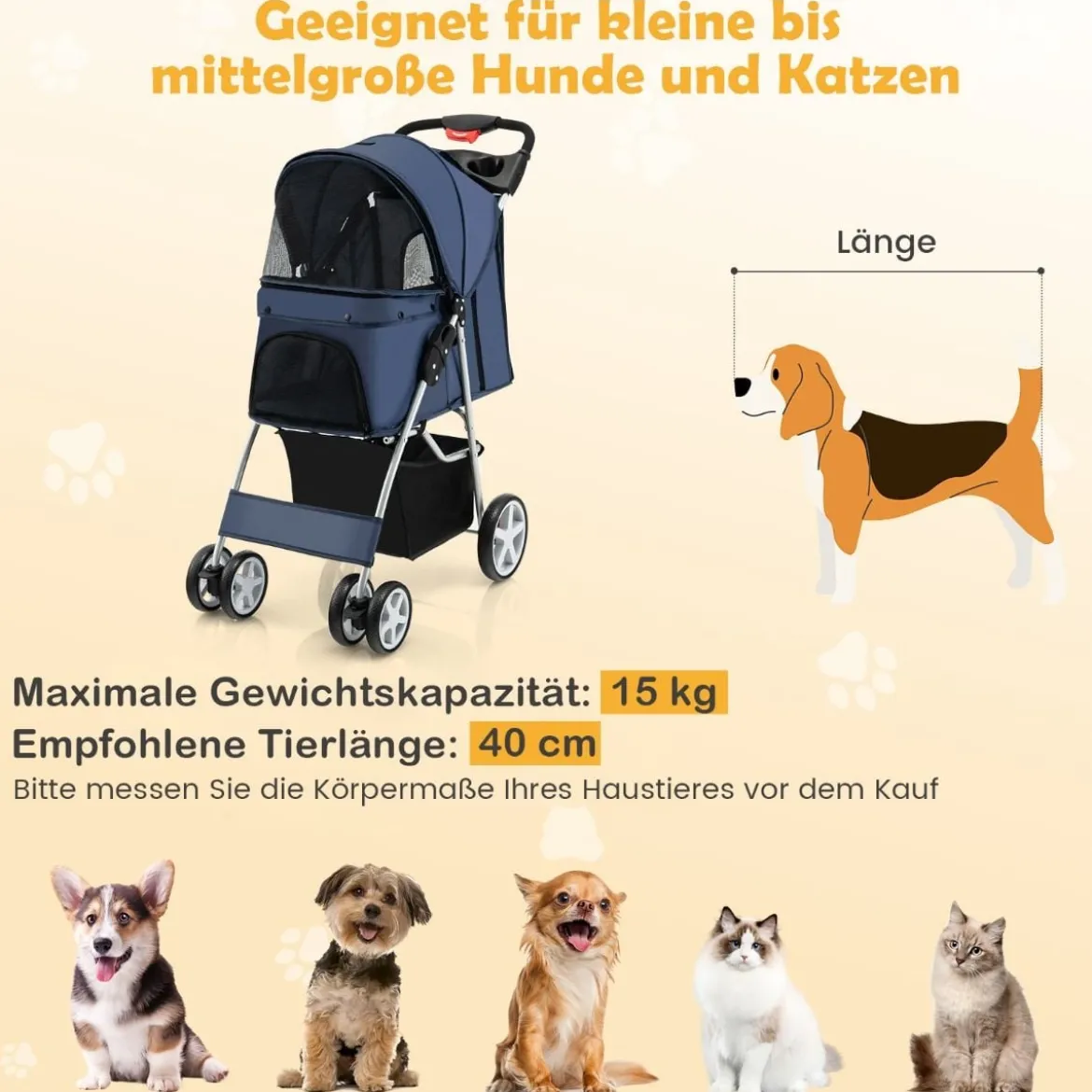 Hundewagen mit Netzfenstern & Getränkehalter & Anhänger Haustiere Buggy bis 15kg