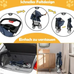 Hundewagen mit Netzfenstern & Getränkehalter & Anhänger Haustiere Buggy bis 15kg