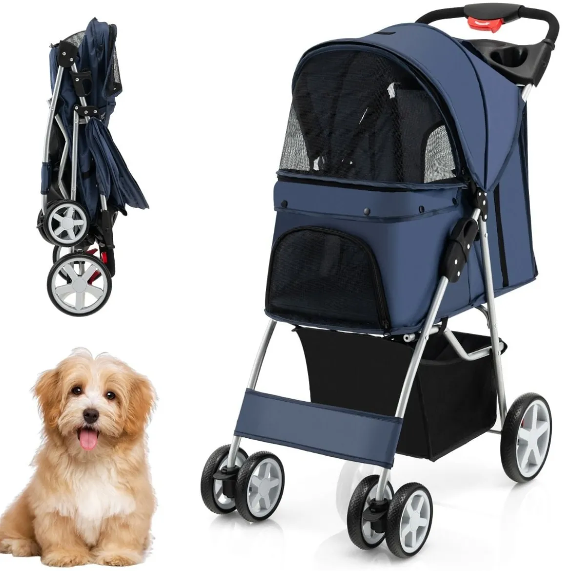 Hundewagen mit Netzfenstern & Getränkehalter & Anhänger Haustiere Buggy bis 15kg