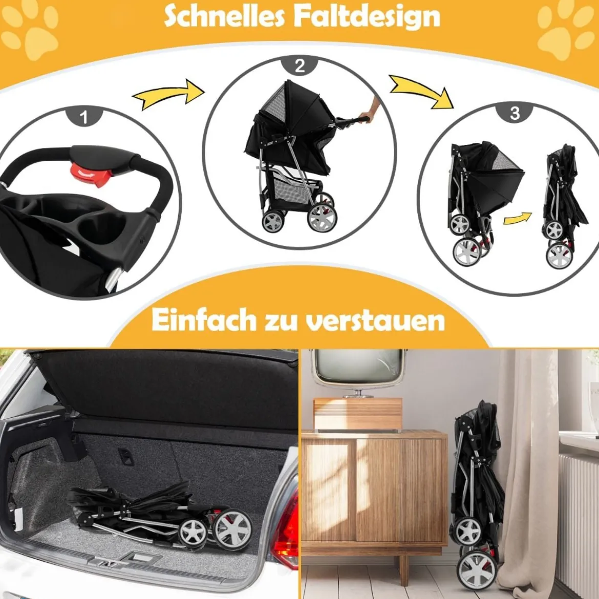 Hundewagen mit Netzfenstern & Getränkehalter & Anhänger Haustiere Buggy bis 15kg
