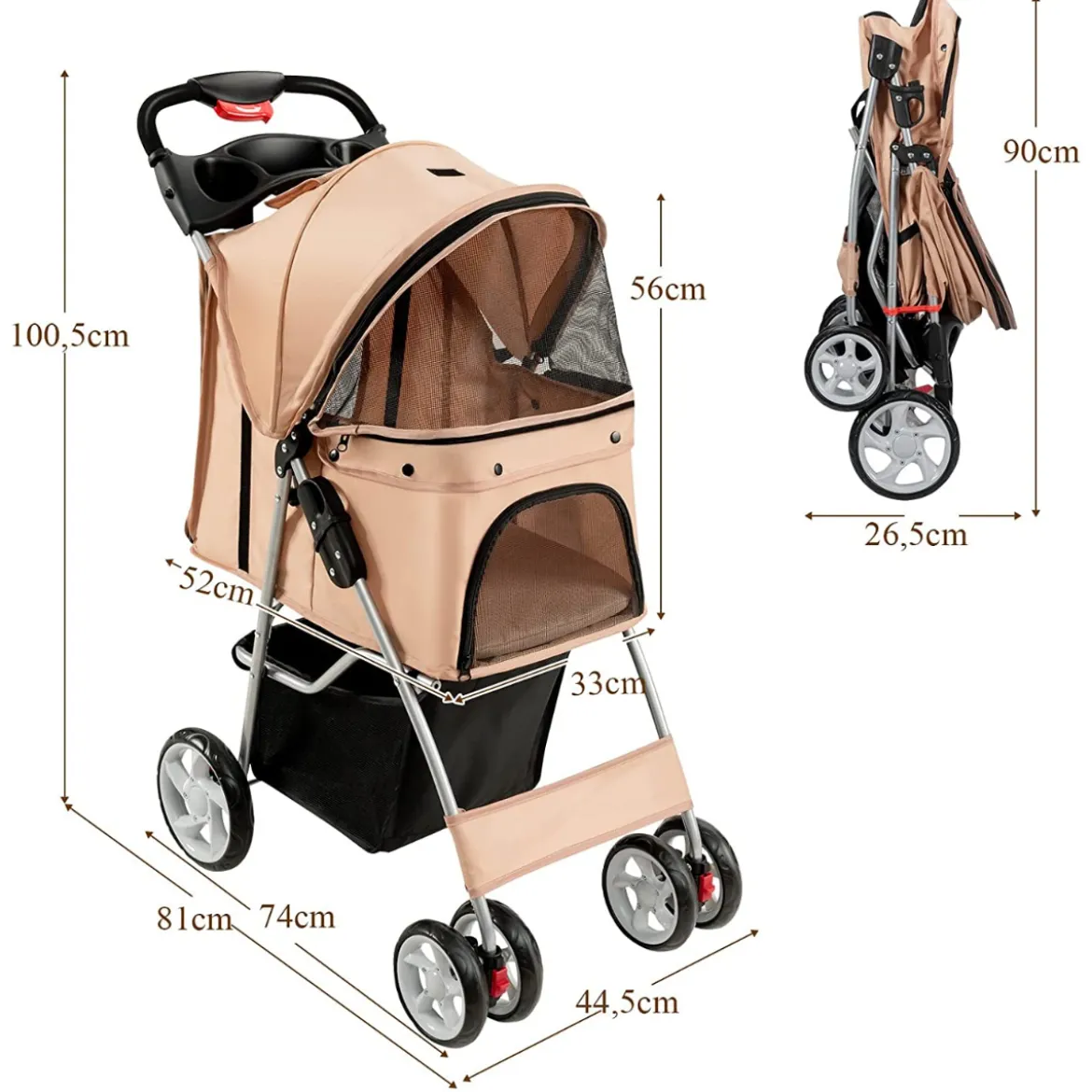 Hundewagen mit Netzfenstern & Getränkehalter & Anhänger Haustiere Buggy bis 15kg