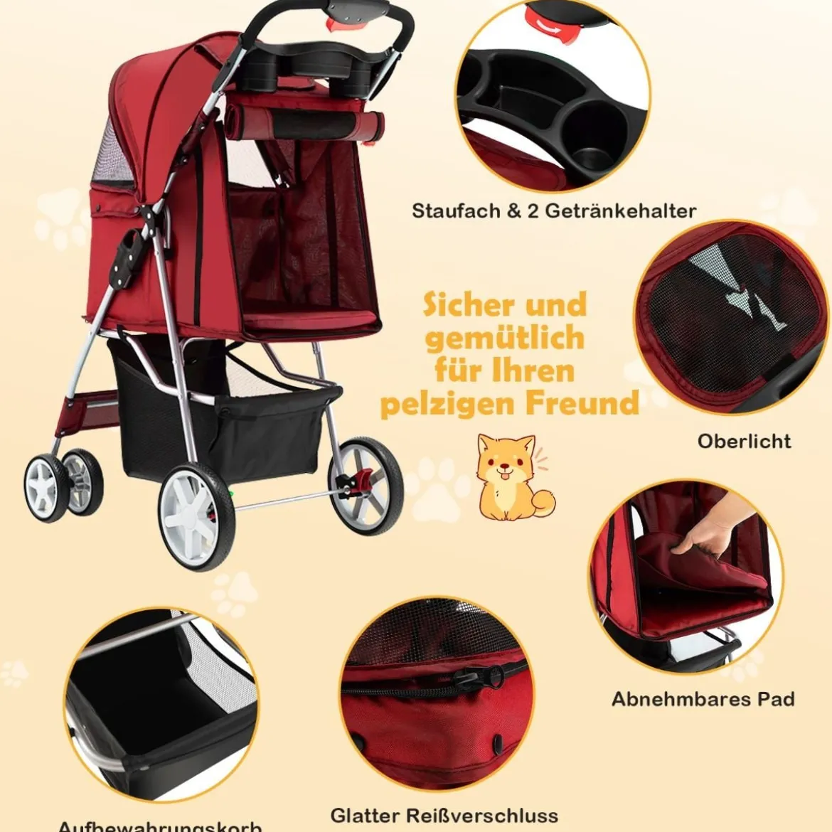 Hundewagen mit Netzfenstern & Getränkehalter & Anhänger Haustiere Buggy bis 15kg
