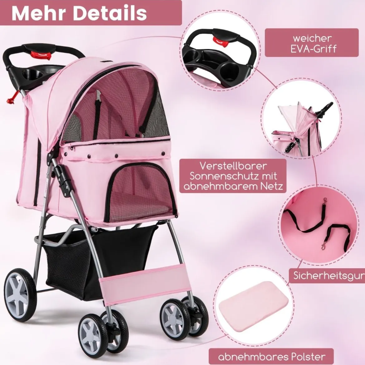 Hundewagen mit Netzfenstern & Getränkehalter & Anhänger Haustiere Buggy bis 15kg