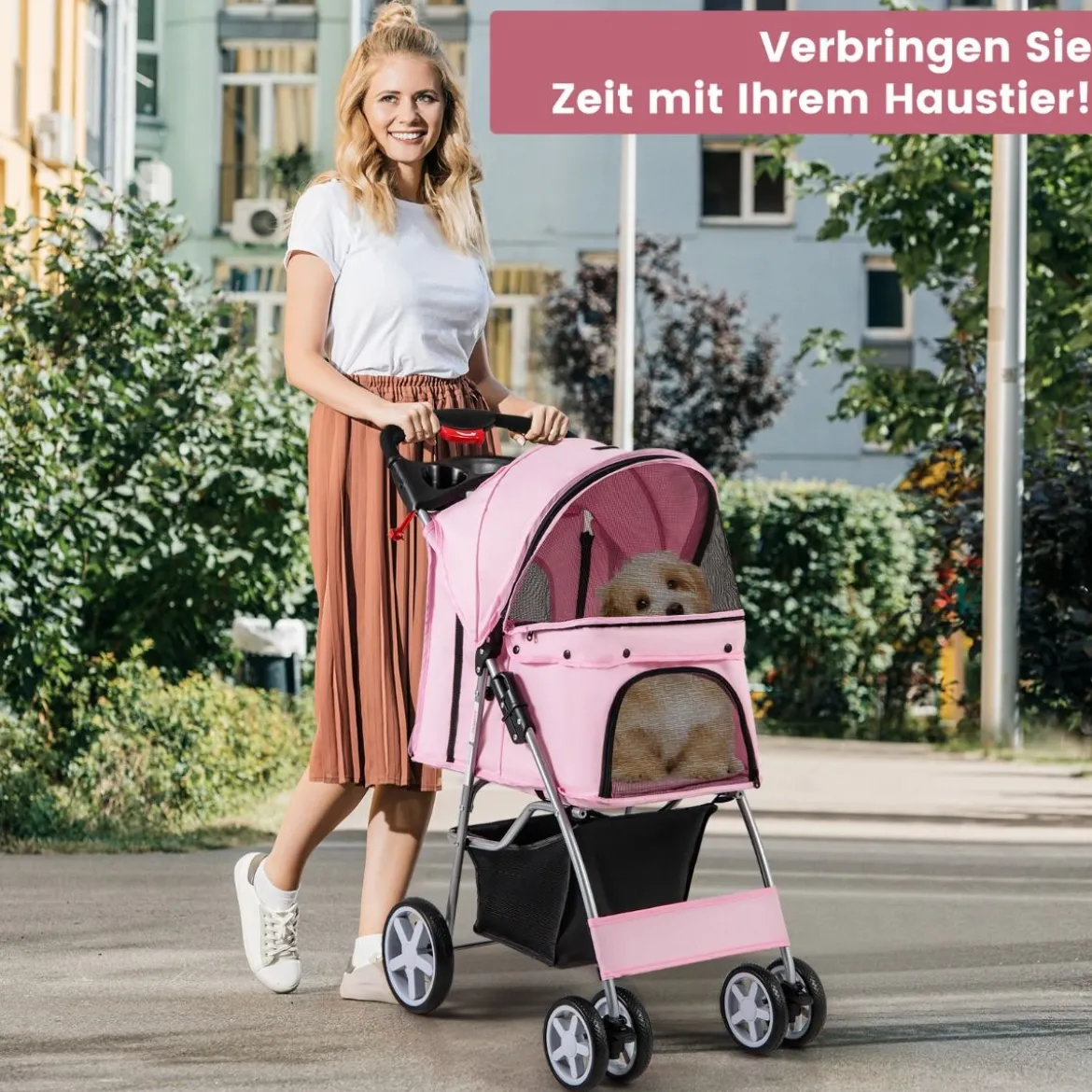 Hundewagen mit Netzfenstern & Getränkehalter & Anhänger Haustiere Buggy bis 15kg