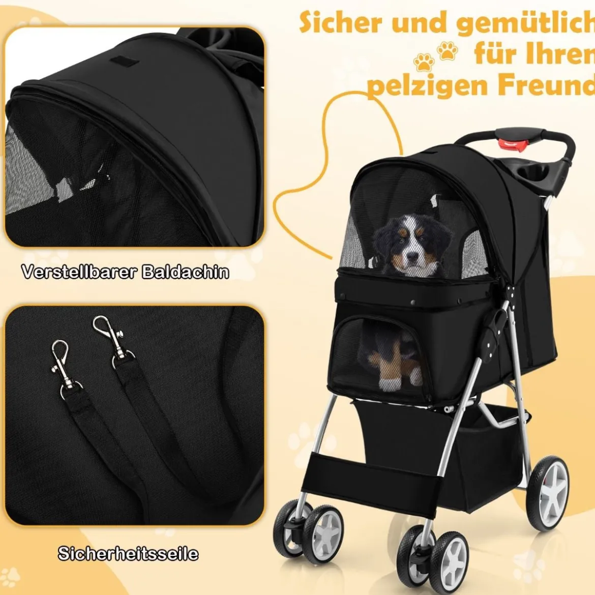 Hundewagen mit Netzfenstern & Getränkehalter & Anhänger Haustiere Buggy bis 15kg