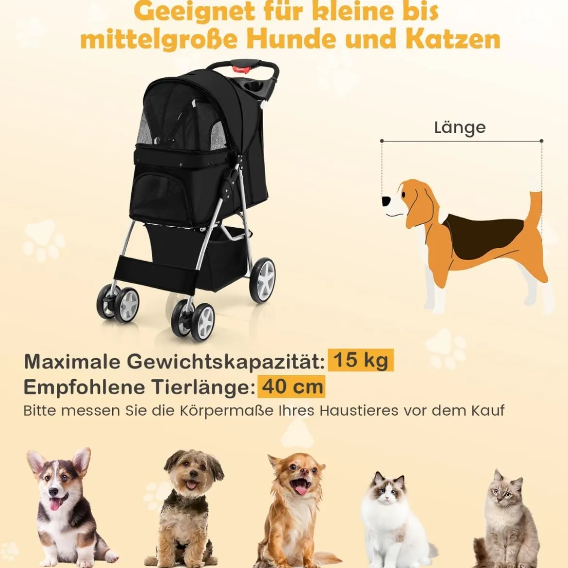 Hundewagen mit Netzfenstern & Getränkehalter & Anhänger Haustiere Buggy bis 15kg