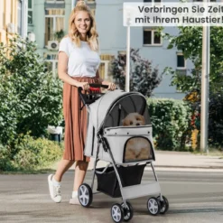 Hundewagen mit Netzfenstern & Getränkehalter & Anhänger Haustiere Buggy bis 15kg