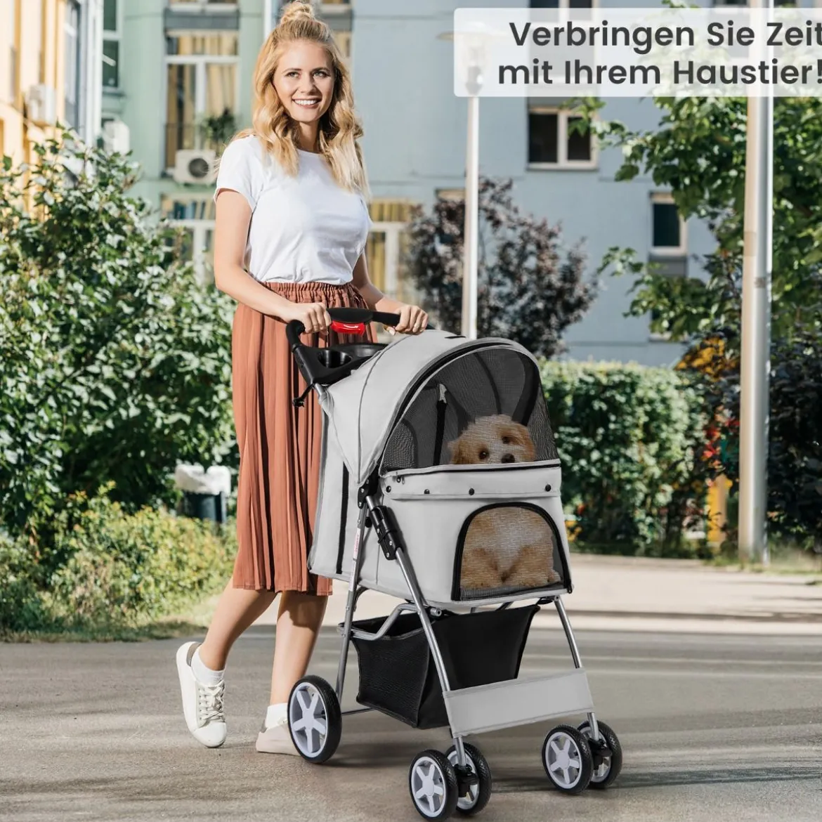Hundewagen mit Netzfenstern & Getränkehalter & Anhänger Haustiere Buggy bis 15kg