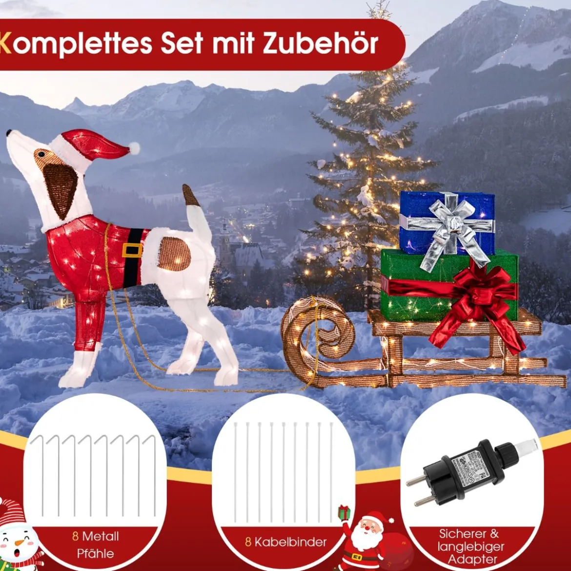 Hund mit Schlitten und Geschenkboxen Weihnachtsdeko mit 170 Warmen LED Lichtern
