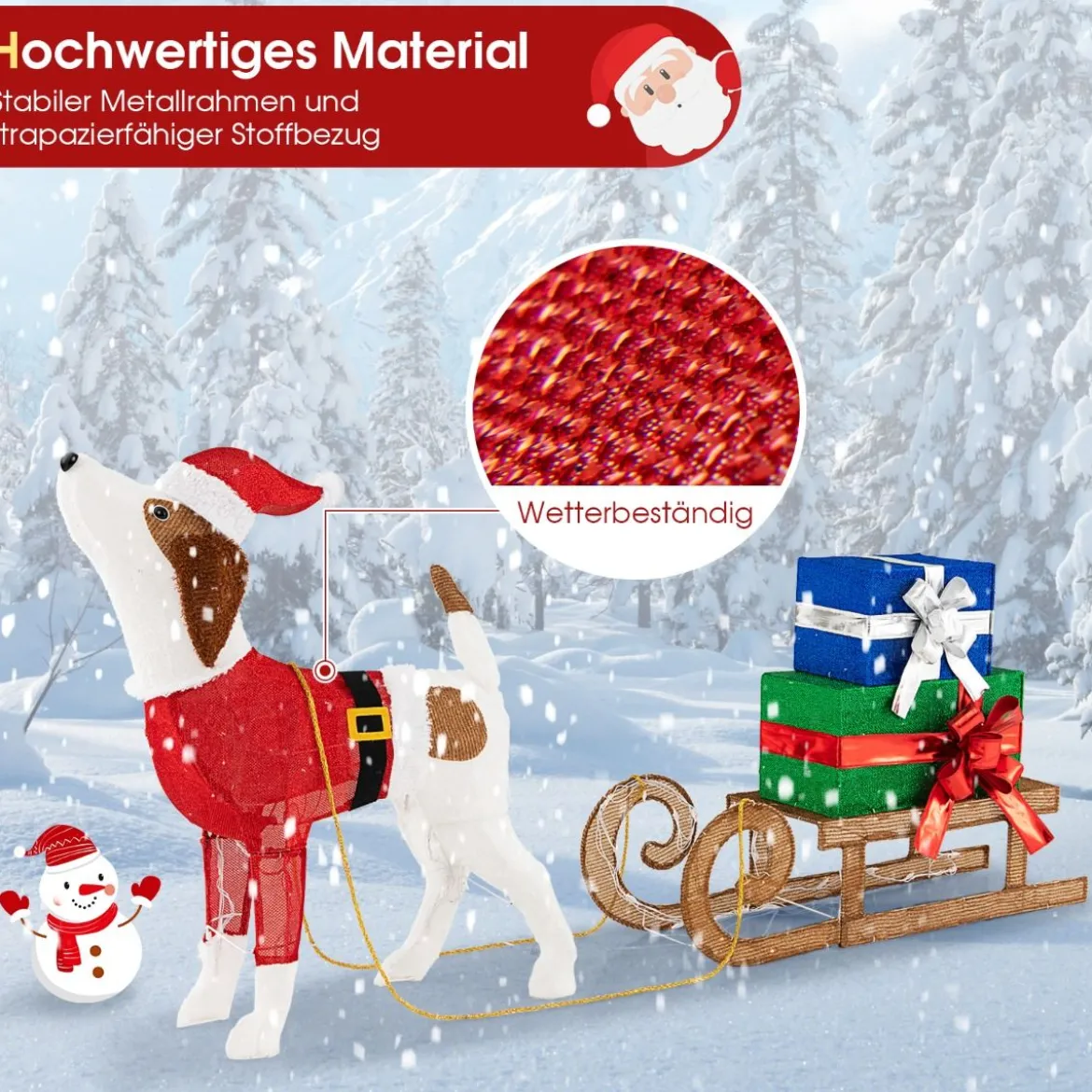 Hund mit Schlitten und Geschenkboxen Weihnachtsdeko mit 170 Warmen LED Lichtern