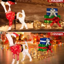 Hund mit Schlitten und Geschenkboxen Weihnachtsdeko mit 170 Warmen LED Lichtern