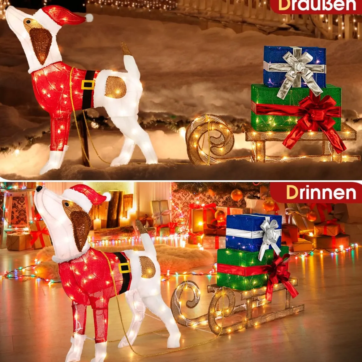 Hund mit Schlitten und Geschenkboxen Weihnachtsdeko mit 170 Warmen LED Lichtern