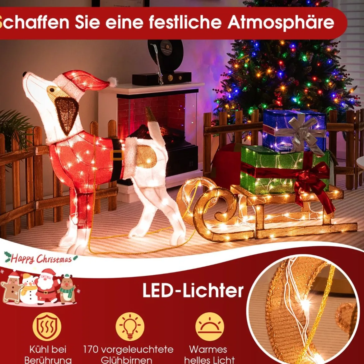 Hund mit Schlitten und Geschenkboxen Weihnachtsdeko mit 170 Warmen LED Lichtern