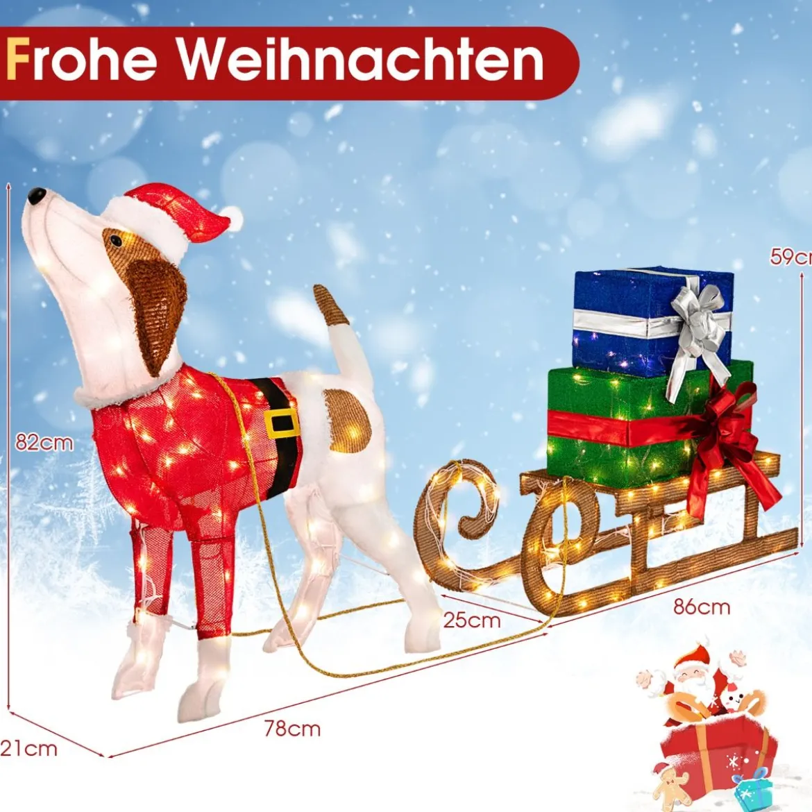 Hund mit Schlitten und Geschenkboxen Weihnachtsdeko mit 170 Warmen LED Lichtern