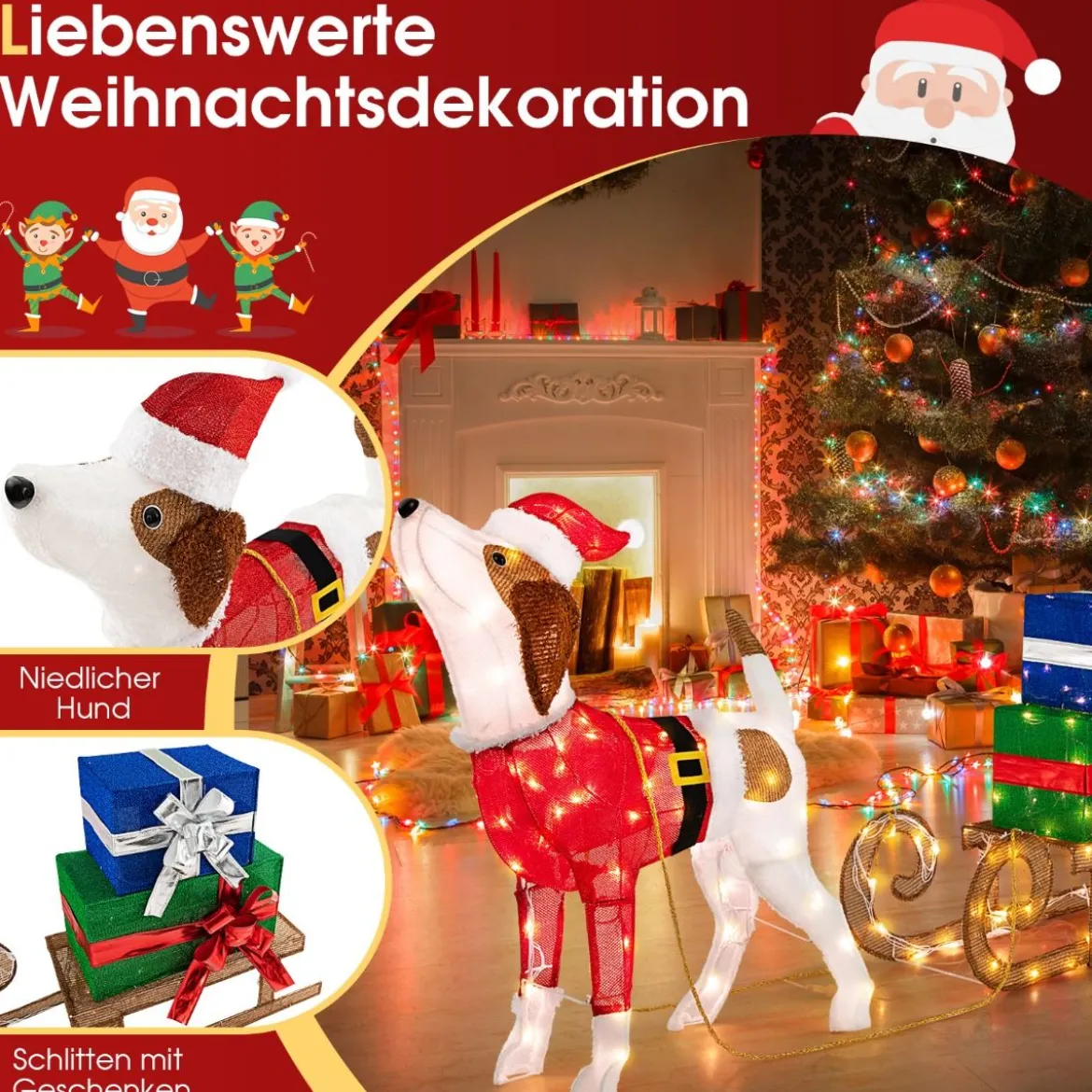 Hund mit Schlitten und Geschenkboxen Weihnachtsdeko mit 170 Warmen LED Lichtern