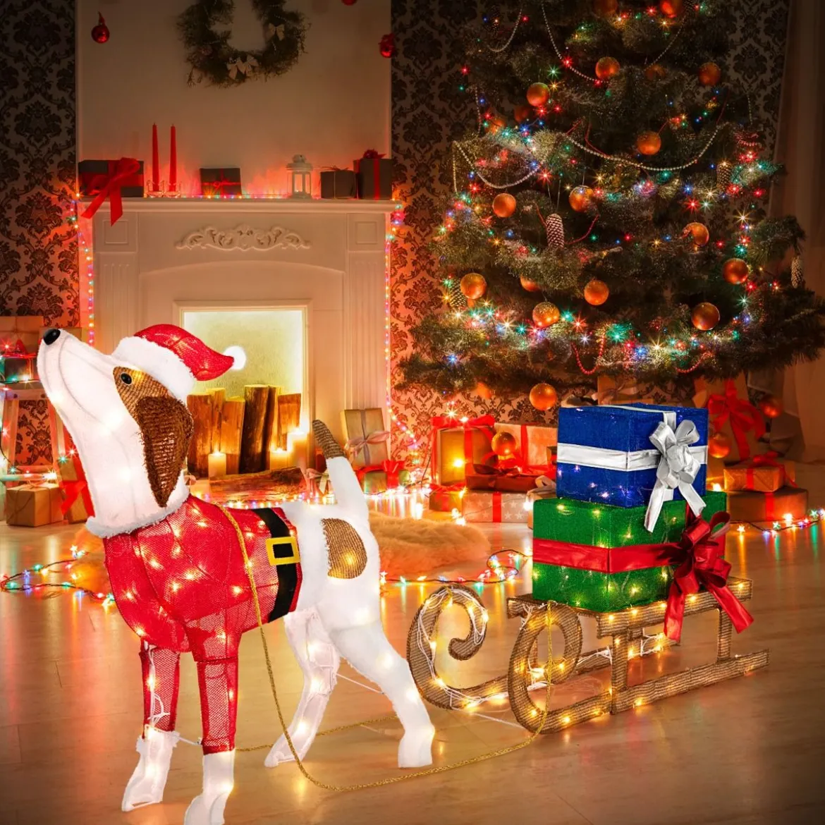 Hund mit Schlitten und Geschenkboxen Weihnachtsdeko mit 170 Warmen LED Lichtern