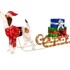 Hund mit Schlitten und Geschenkboxen Weihnachtsdeko mit 170 Warmen LED Lichtern