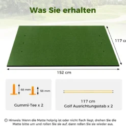 3-in-1-Abschlagmatte für Golf mit Kunstrasen 2 Golf-Tees 2 Ausrichtungsstäben & 6 vorgebohrten Abschlaglöchern 152 x 117 cm
