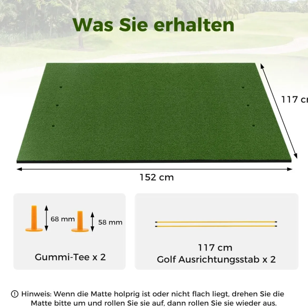 3-in-1-Abschlagmatte für Golf mit Kunstrasen 2 Golf-Tees 2 Ausrichtungsstäben & 6 vorgebohrten Abschlaglöchern 152 x 117 cm