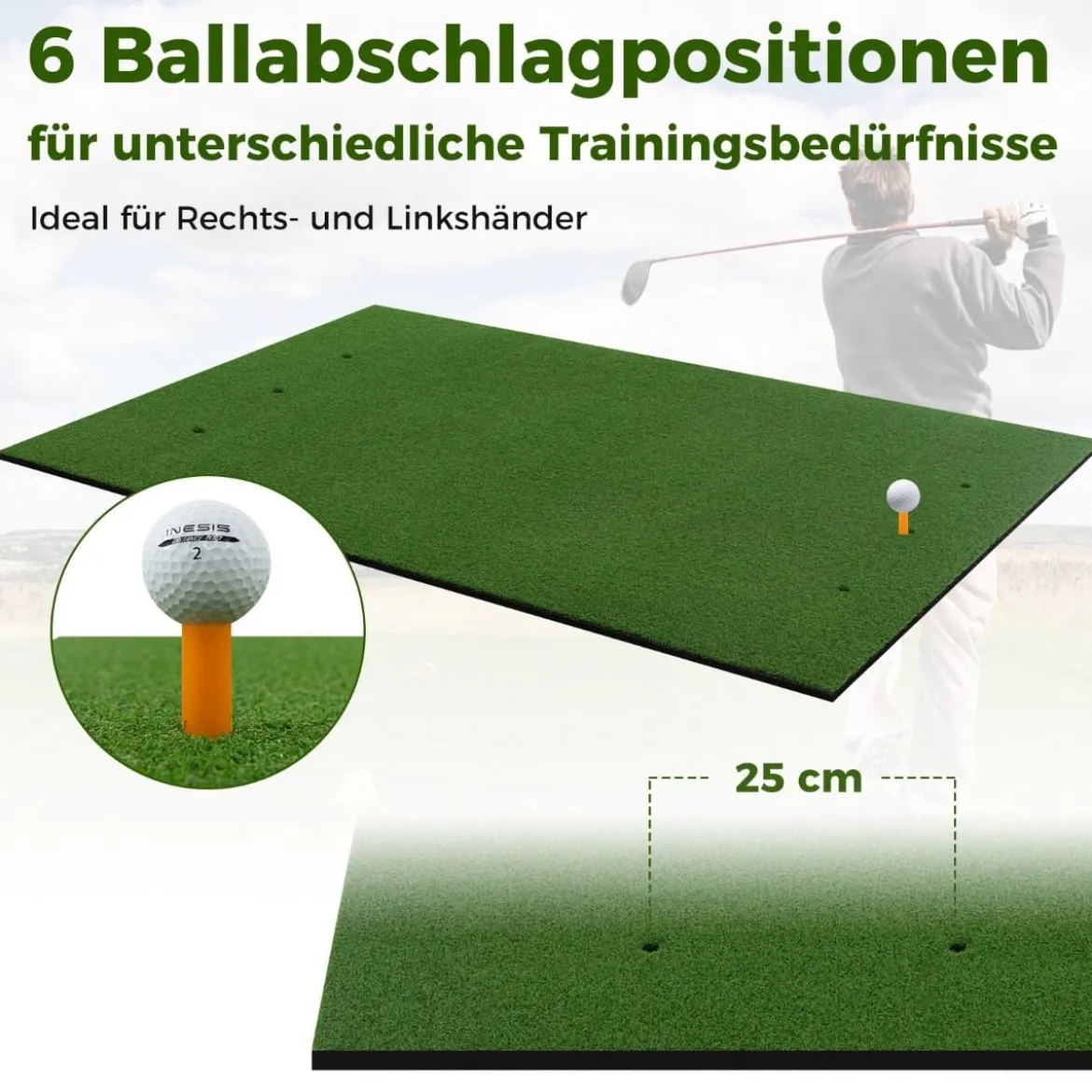 3-in-1-Abschlagmatte für Golf mit Kunstrasen 2 Golf-Tees 2 Ausrichtungsstäben & 6 vorgebohrten Abschlaglöchern 152 x 117 cm