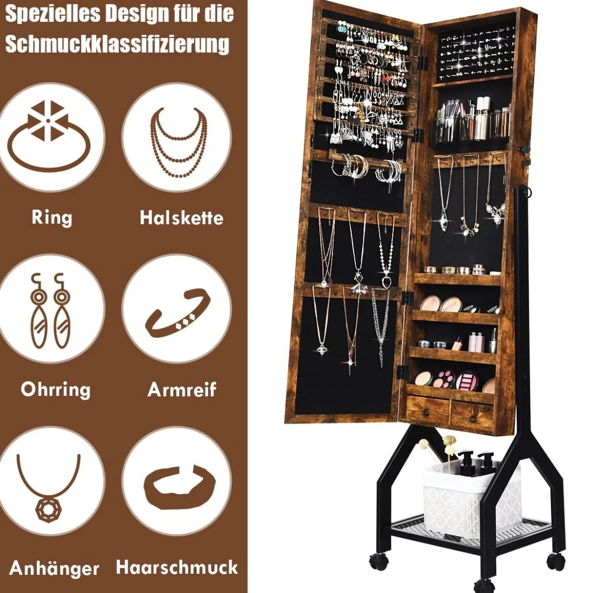 2-in-1 abschließbarer Schmuckschrank mit Ganzkörperspiegel und Ablage Schmuck Spiegelschrank stehend