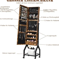 2-in-1 abschließbarer Schmuckschrank mit Ganzkörperspiegel und Ablage Schmuck Spiegelschrank stehend