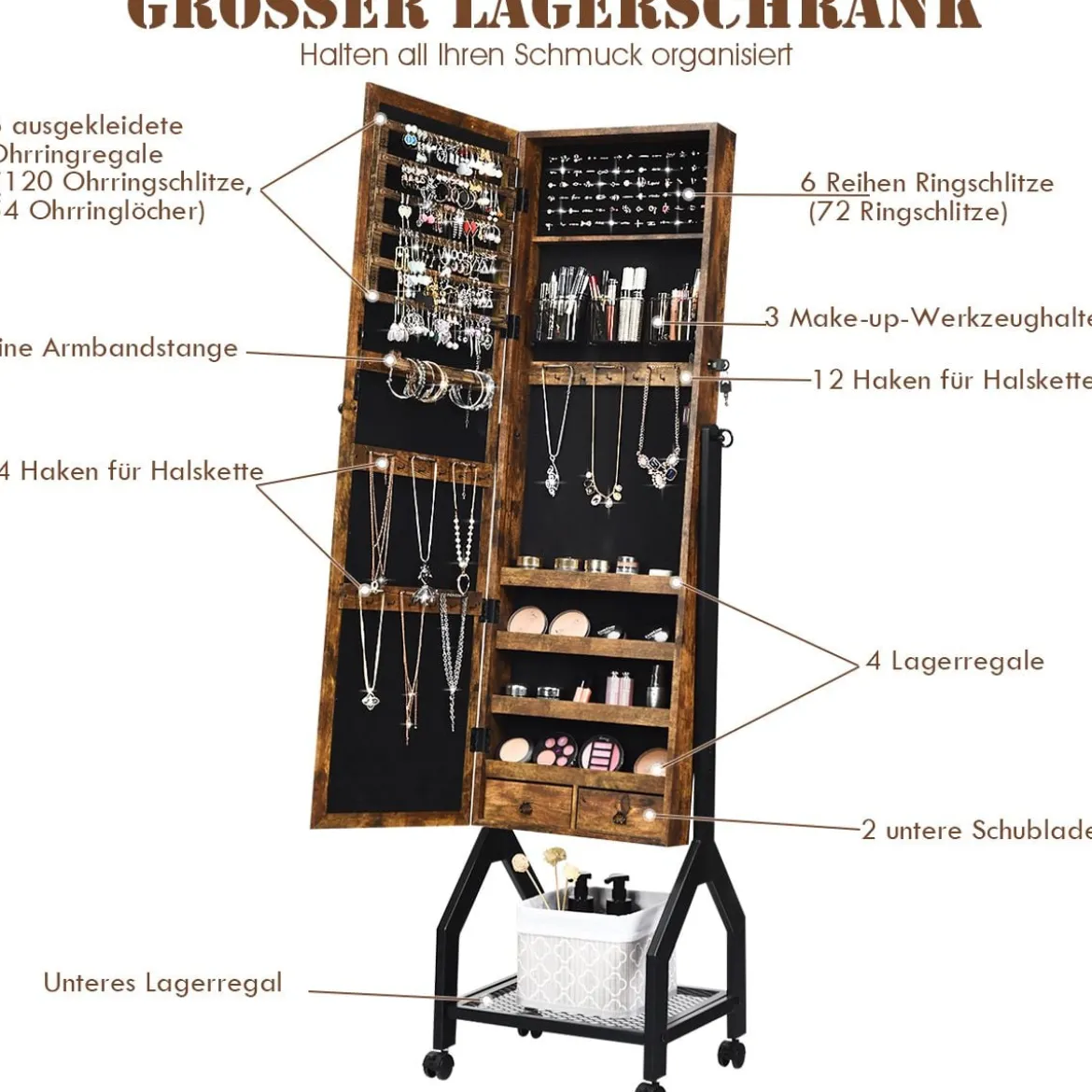 2-in-1 abschließbarer Schmuckschrank mit Ganzkörperspiegel und Ablage Schmuck Spiegelschrank stehend