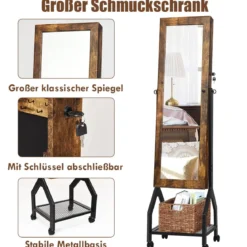 2-in-1 abschließbarer Schmuckschrank mit Ganzkörperspiegel und Ablage Schmuck Spiegelschrank stehend