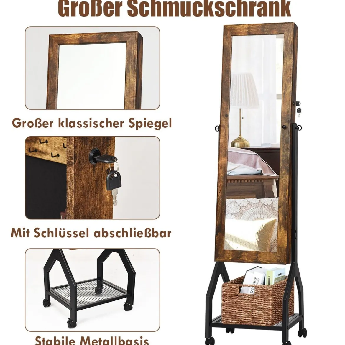 2-in-1 abschließbarer Schmuckschrank mit Ganzkörperspiegel und Ablage Schmuck Spiegelschrank stehend