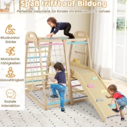 8 in 1 Affenstange & Schaukel & Kletternetz & Kletterleiter & Kletterstrick & Kletterfelsen & Rutsche & Plattform Macaron