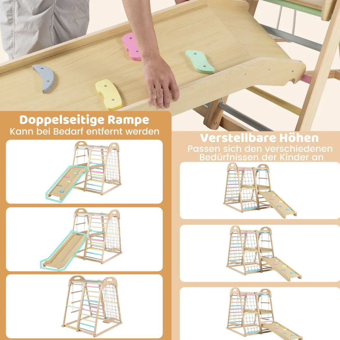 8 in 1 Affenstange & Schaukel & Kletternetz & Kletterleiter & Kletterstrick & Kletterfelsen & Rutsche & Plattform Macaron