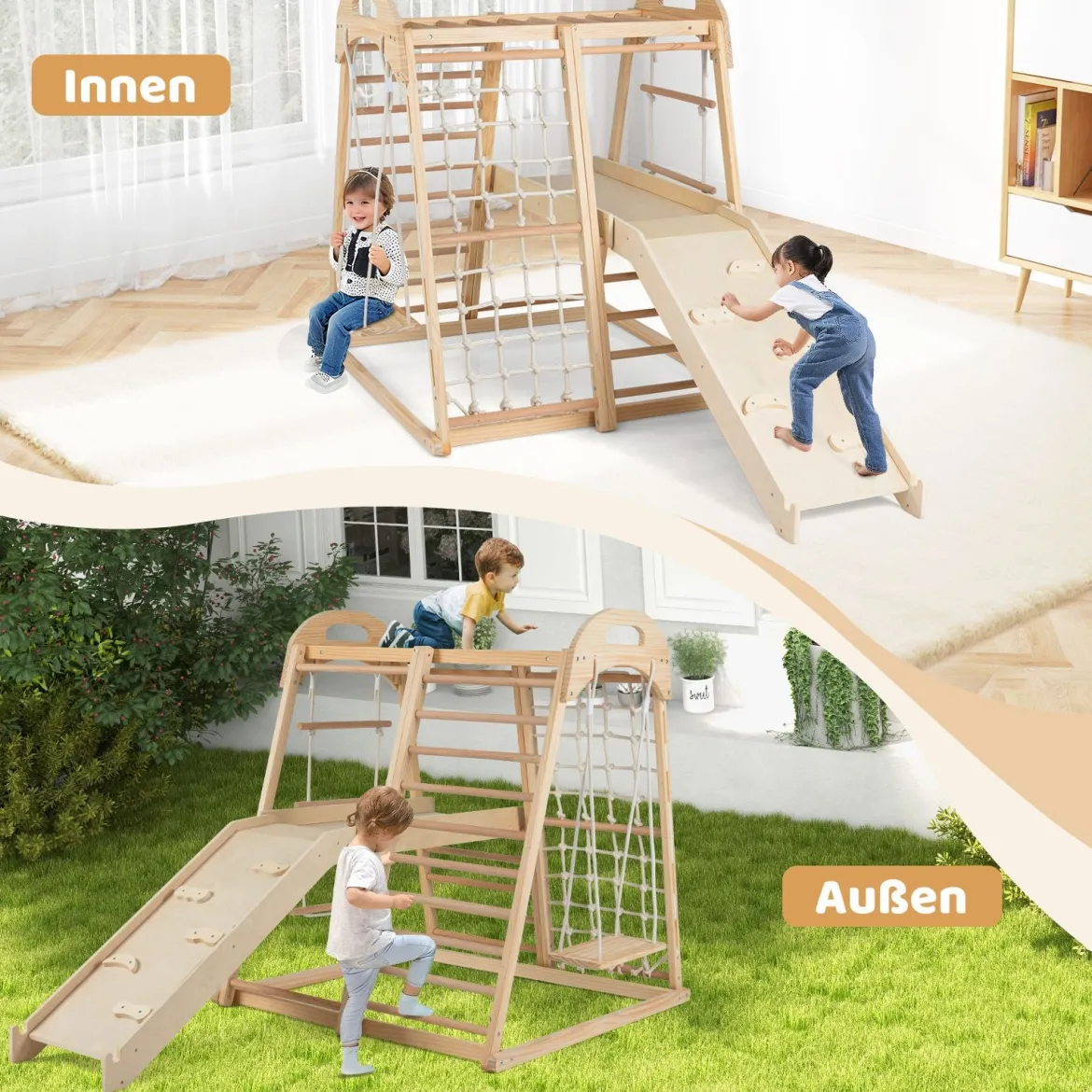 8 in 1 Affenstange & Schaukel & Kletternetz & Kletterleiter & Kletterstrick & Kletterfelsen & Rutsche & Plattform Natur